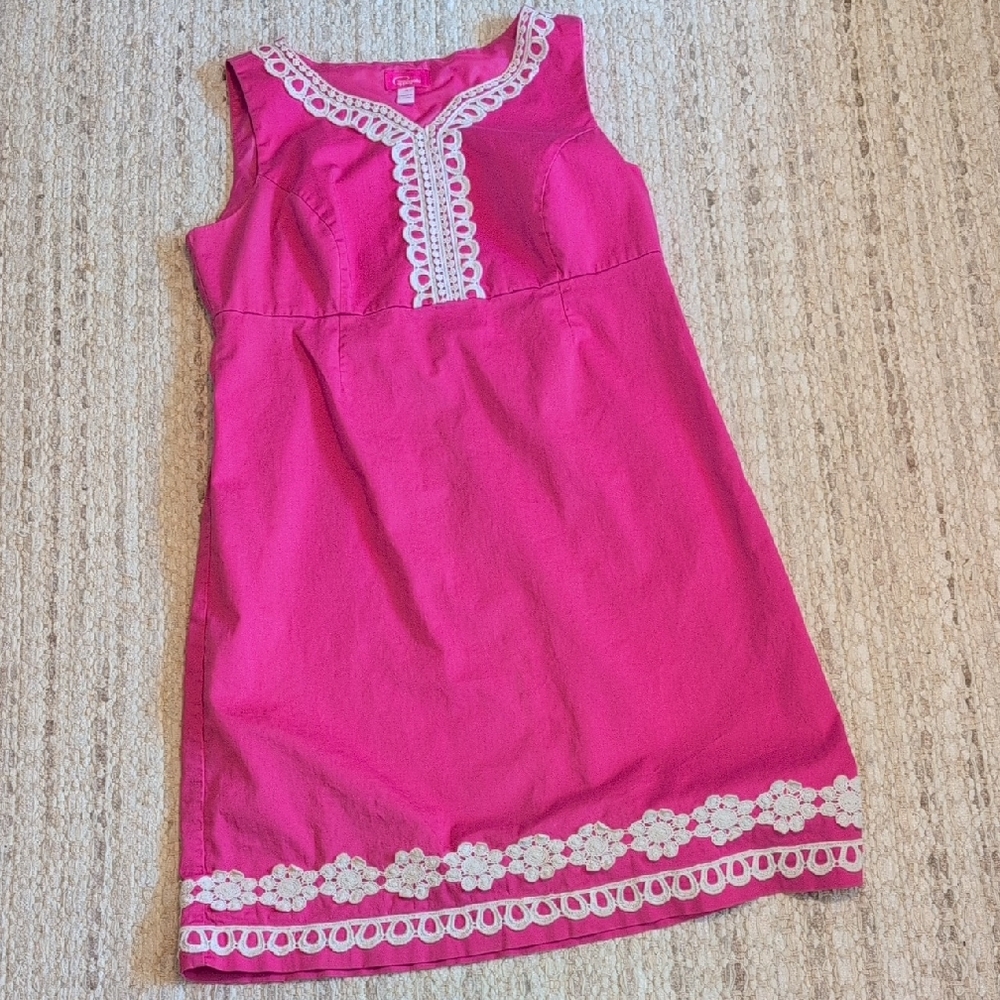 Pappagallo Dress Womens 12 Bright Pink Sleeveless Tunic with White Lace Trim